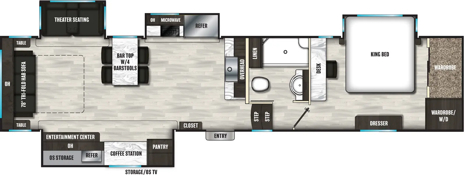 The 352RLD has four slideouts and one entry. Exterior features include refrigerator, overhead cabinet, storage and TV. Interior layout front to back: wardrobe with washer/dryer, off-door side king bed slideout, door side dresser, and desk along inner wall; off-door side full bathroom with linen cabinet; two steps down to entry and closet; kitchen counter with sink and overhead cabinet along inner wall; off-door side slideout with refrigerator, microwave, overhead cabinet and cooktop; door side slideout with pantry, coffee station, and entertainment center; off-door side bar top with four bar stools; off-door side theater seating slideout; rear tri-fold hide-a-bed sofa with overhead cabinet and tables on each side. Optional king bed available in place of queen bed.